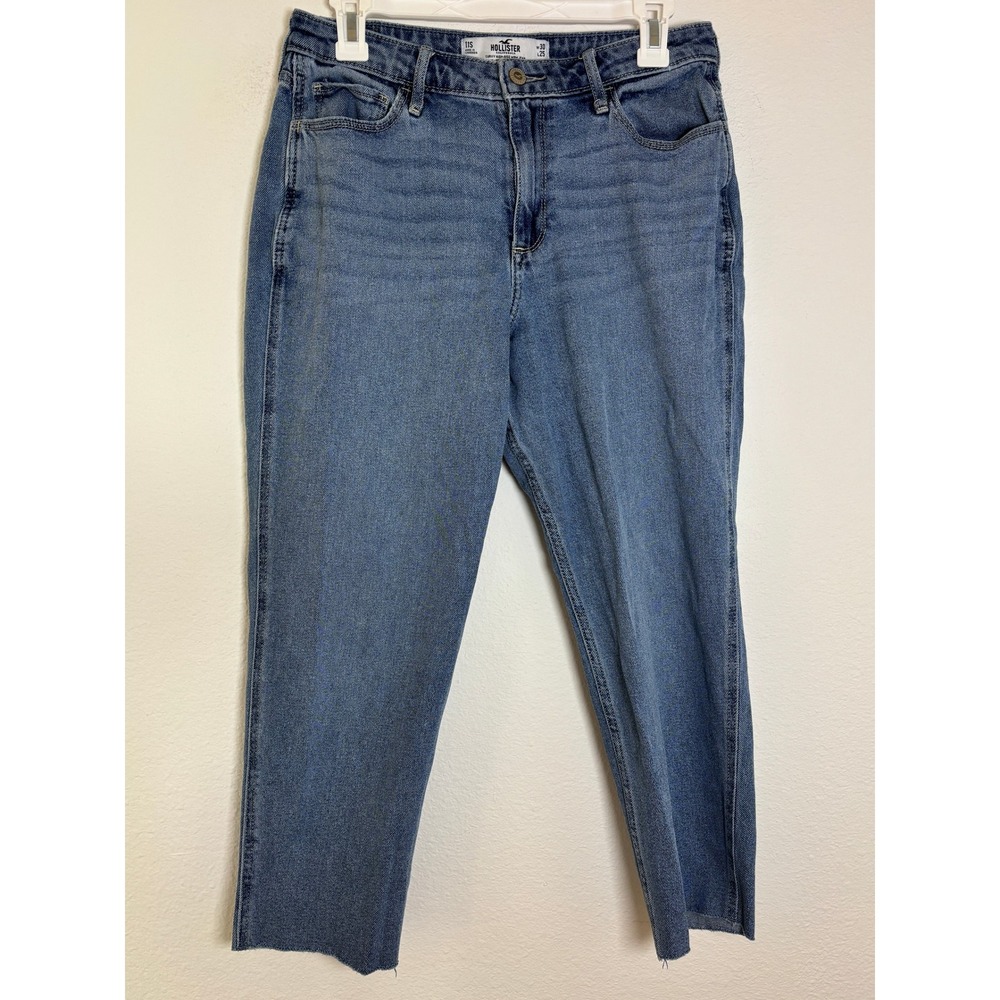 Hollister Curvy High-Rise Mom Jeans Medium Wash Blue Raw Hem Size 11S W30 L25